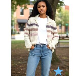 Vintage 80s WOMENS Cardigan Sweater zig zag stripe Cream S 2 4 NEW NWT